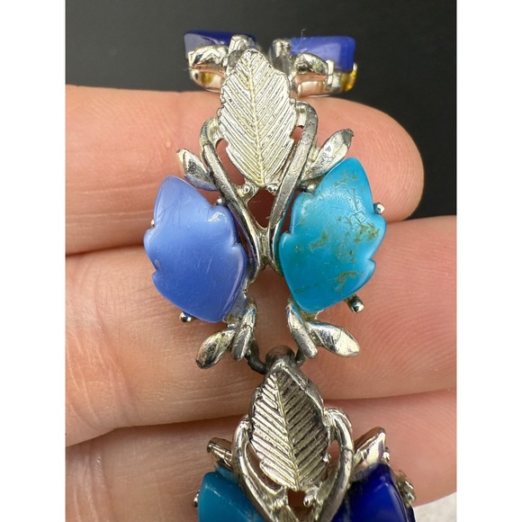 Vintage Silver Tone Bracelet Thermoset Blue Leaf 7.5" - Picture 2 of 8